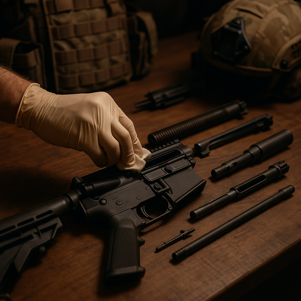 Main gantée nettoyant un fusil d'assaut démonté sur une table en bois