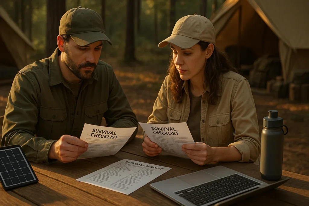 Deux survivalistes discutant autour d’une table en bois avec des checklists, un filtre à eau et un panneau solaire portable dans un camp forestier