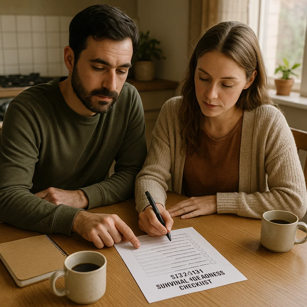 Deux personnes remplissant un audit de préparation survivaliste autour d’une table dans une maison moderne