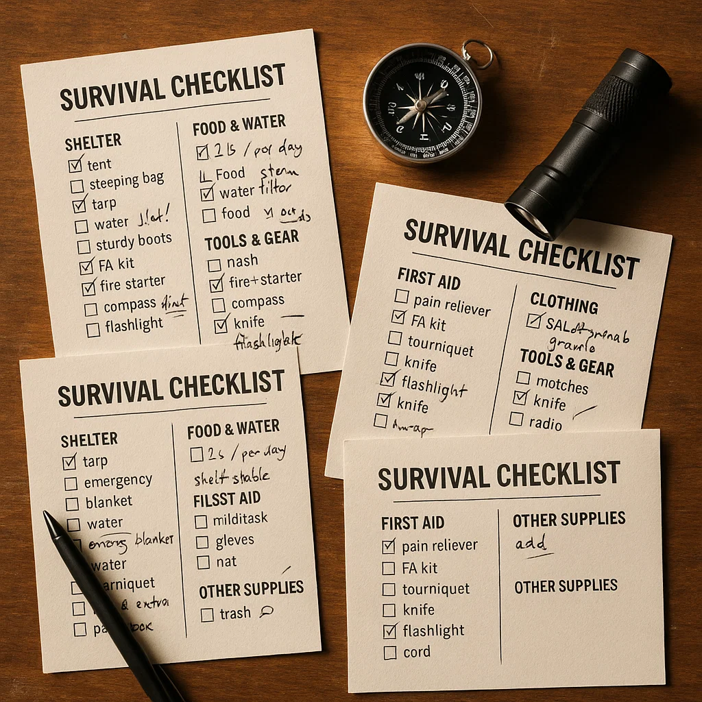 Checklists de survie imprimées avec notes manuscrites, boussole et lampe torche sur une table en bois