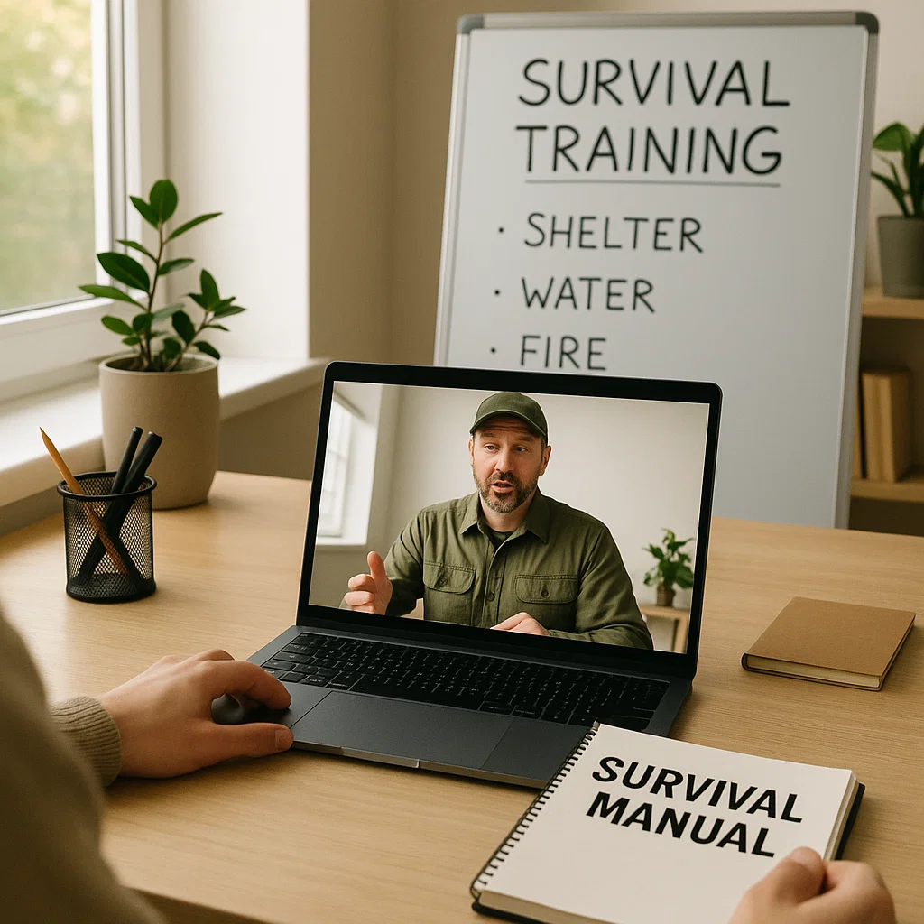 Formateur survivaliste donnant un cours en ligne visible sur l’écran d’un ordinateur portable