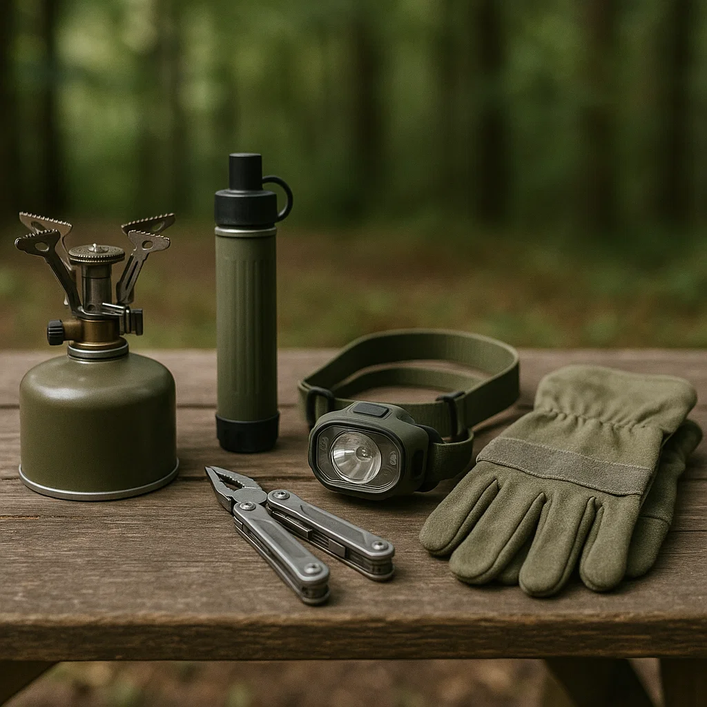 Matériel de survie sélectionné sur une table : filtre à eau, lampe frontale, gants et réchaud portable