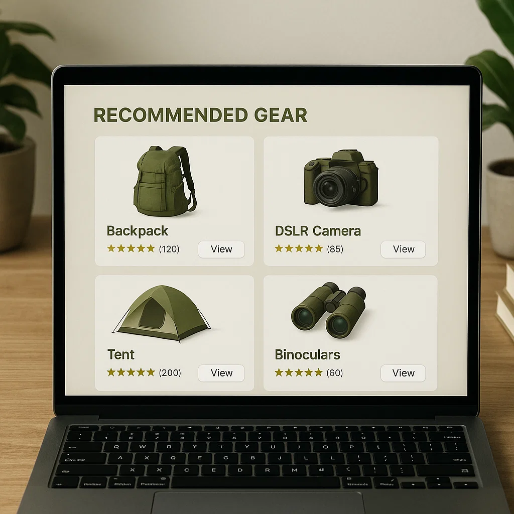 Aperçu d’un site web présentant du matériel survivaliste recommandé avec notes et descriptions
