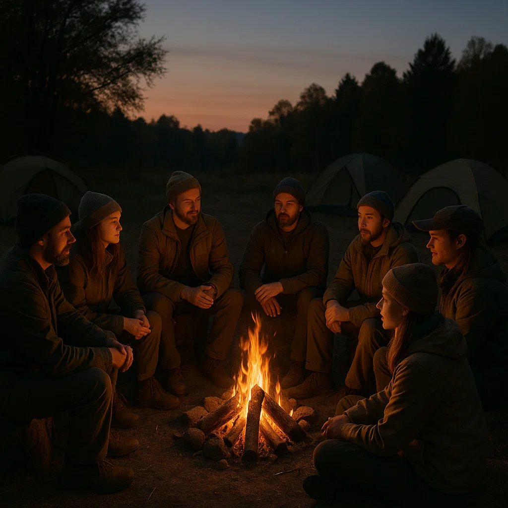 Groupe de survivalistes discutant autour d’un feu de camp au crépuscule, tentes en arrière-plan