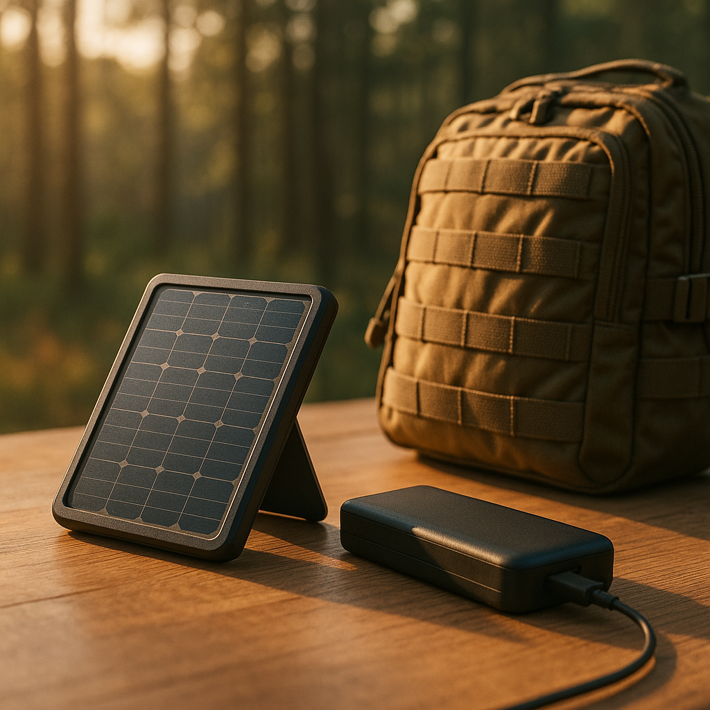 Panneau solaire portable et batterie externe sur table en bois pour recharge hors réseau