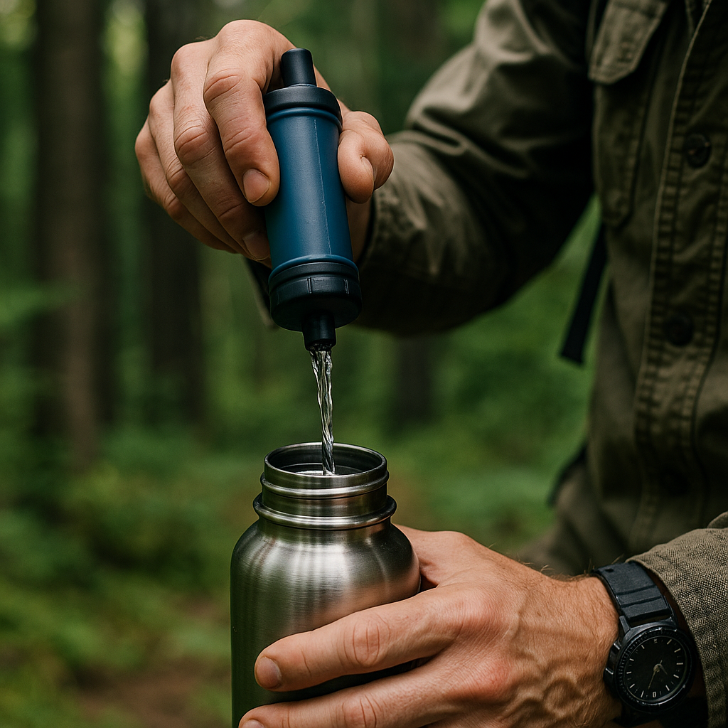 Pompe manuelle filtrant de l'eau dans une gourde inox en pleine forêt