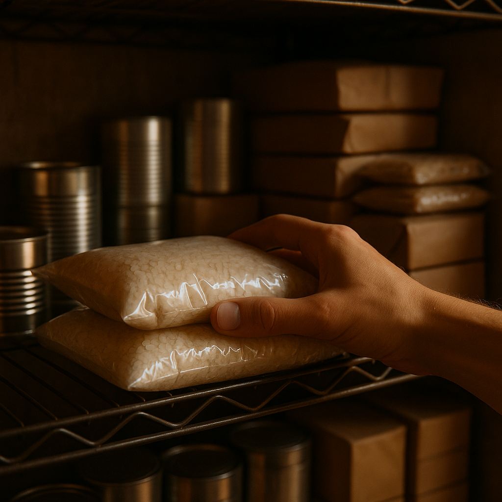 Sacs de riz et conserves empilés sur étagère métallique dans un local de stockage