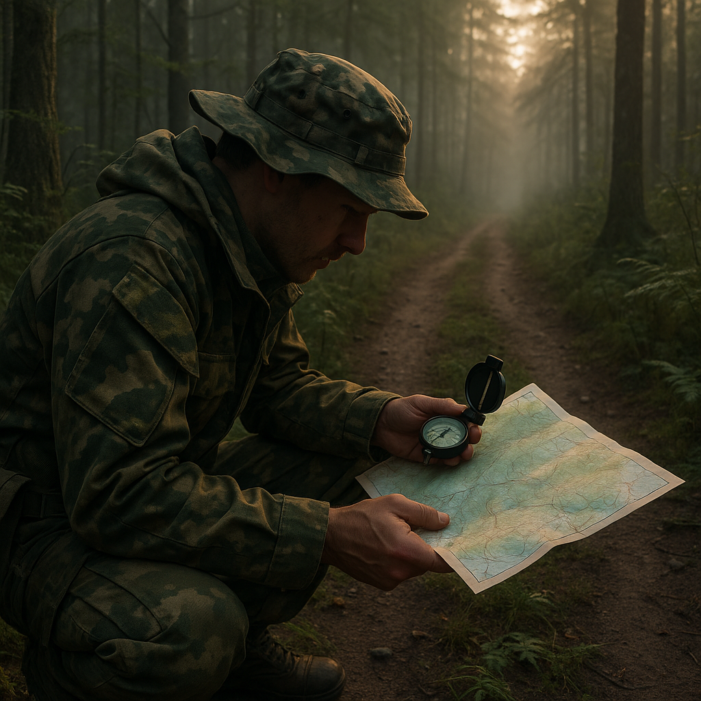 Homme en tenue camouflage lisant une carte et utilisant une boussole en forêt